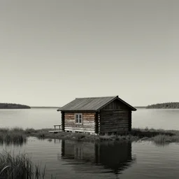 a log cabin by water voidscape by simon stalenhag and ansel adams, digital art