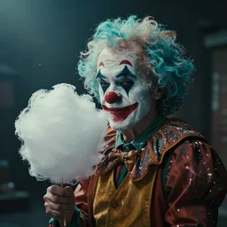 a dramatic photo of an old clown with cotton candy hair. paint splashes. moody and melancholy.