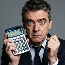 dramatic photo of rowan atkinson holding an calculator and struggling to use a casio calculator calculator calculator calculator, close up