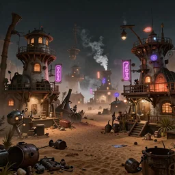 a steampunk village in the desert at night, junk everywhere, neon lights, neon signs, magical atmosphere, mist, steam, photo realistic, 35mm, Matte painting, octane render, 8k, corona render, movie concept art by albert kiefer