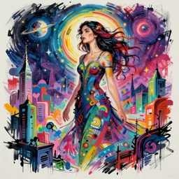 a sketch, ultra detailed, alexandra daddario, mystical travel, colorful, magic, universe, beautiful woman, surreal city, in style of jean - michel basquiat, trending on artstation