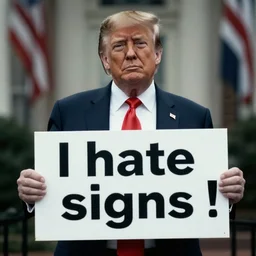 a photo of Donald Trump holding a sign saying 'I hate signs !', desaturated photo, cinematic