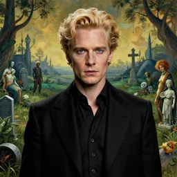 realistic detailed portrait movie shot of an elegant blond male zombie, sci fi graveyard landscape background by denis villeneuve, jean deville, amano, yves tanguy, alphonse mucha, max ernst, caravaggio, roger dean, masterpiece, rich moody colours, blue eyes