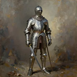 medieval man armour long silver sword oil painting