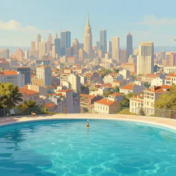 city seen from far away in swimming pool, highly detailed, digital painting, artstation concept art, smooth, sharp focus, artgerm, alphonse mucha,