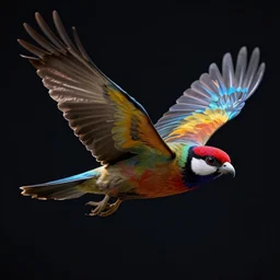 highly detailed photo of single big colorful bird flying in the dark space, bird's head and eye are visible, hyper realistic, concept art, 8 k detail post - processing