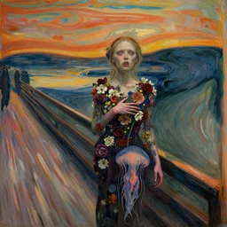 one woman with a dress made of dead flowers and jellyfishes, by weta digital, with a touch of edward munch, highly detailed, soviet art, epic composition, decay, agony