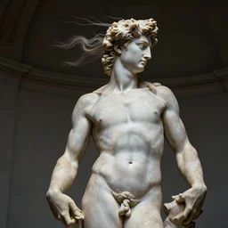 wide angle photograph of a marble statue of a man being blown by a strong wind, dark background , soft lighting