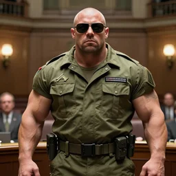 pitbull, wearing military outfit, in senate chamber, herculean, bulging muscular figure, soft lighting, highly detailed face, sunglasses, sharp focus, artstation, sophie anderson, arnold armitage, loish, thomas kinkade