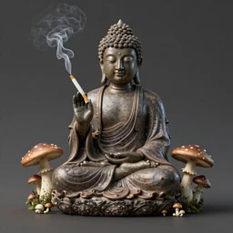 Buddha smokes a joint, while high on mushrooms, realistic, high detail, iso 500, good lighting, octane render