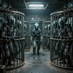 inside a classified deep underground military bunker with grey aliens held in cages, undercover photography
