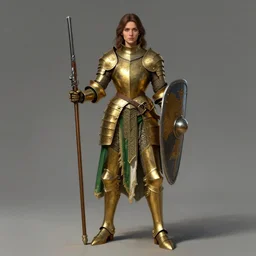 full body portrait of a female italian warrior medium length brown hair and a very highly detailed face wearing elegant golden plate mail armor with green and white cloth, holding a tall tower shield and a long flintlock pistol, highly detailed, artstation, cgsociety, realistic character concept art, sharp focus, by michael komarck and greg rutkowski and alphonse mucha