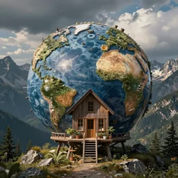 a globe house made of chaotic mysteries in the mountains by julie heffernan, artstation, artgerm