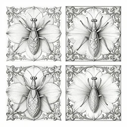 orchid mantis by William Morris and Carlos Schwabe, horizontal symmetry, exquisite fine details, baroque ornamentation, Art Nouveau botanicals, deep rich moody colors