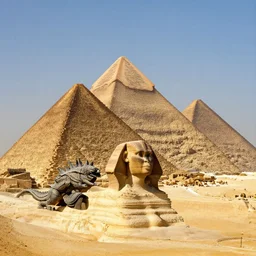 wide angle view, godzilla breaks pyramid giza, photorealistic, insanely detailed, daylight, tele photo lens, 8 k