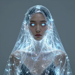 portrait of a woman, covered in transparent cloth, glowing streaks of light, plastic, glowing eyes, flat background, Masterpiece, glowing, wires everywhere, by Edgar Maxence and Ross Tran, Zdzisław Beksiński, and Michael Whelan, distant, gustav dore, H.R. Giger, 8k, octane render