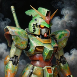 a baroque neoclassicist renaissance close - up portrait of a green and orange iridescent whimsical 1 8 0 0 s japanese mecha gundam alien with big glowing eyes. reflective detailed textures. puffy clouds, dark black background. highly detailed fantasy science fic tion painting by moebius, norman rockwell, frank frazetta, and syd mead. rich colors, high contrast. artstation