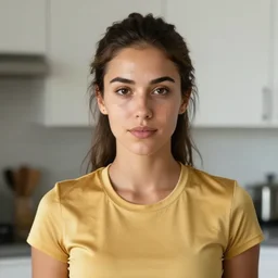 a candid portrait of a brunette female, young, athletic, australian, pixellated face, wearing a gold tshirt in a kitchen, closeup