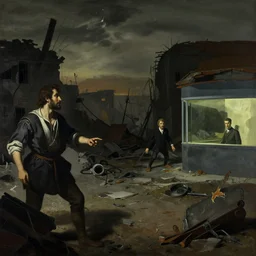 ruined combat zone, dark aesthetic, soft colors, dramatic lighting, cinematic, illustrated by francisco goya, caravaggio, edward hopper, and jean - michel basquiat