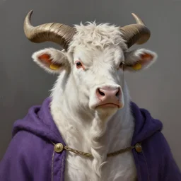 portrait of a king with slightly bovine face, kind - looking, covered in white fur, wide horns, a short beard, wearing a purple mantle, medium shot, natural lighting, realistic, digital painting, highly detailed, sharp focus, fantasy illustration, artstation,