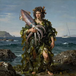 a person who is a mixture of a squid and a human, wearing clothing made of seaweed, in a cove. full - color photorealistic art by caravaggio ; highly - detailed