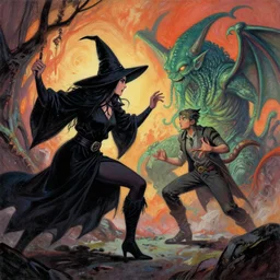 a witch fighting cthulhu. painted by barbara canepa and alessandro barbucci and tony sandoval, wlop, loish.