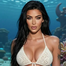 tattooed Kim Kardashian posing in a sexy crochet bikini, atlantis in the background, one eye wink, highly detailed face, realistic face, beautiful detailed eyes, fantasy art, in the style of greg rutkowski, illustration, epic, fantasy, intricate, hyper detailed, artstation, concept art, smooth, sharp focus, ray tracing, vibrant,