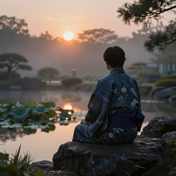 ant view of a sen master in a beautiful kimono quietly sitting in a rock garden overlooking a pond of lilly pads during a sublime sunrise, one sun, his dark silhouette completely obscured by bokeh, colorful masterpiece photography, atmospheric, fog, morning dew,