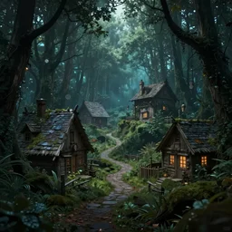 A village in fairy tale forest in the style of cyberpunk in the style of dark fantasy art Trending on artstation DeviantArt Pinterest detailed realistic HD 8k High Resolution