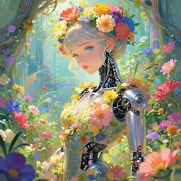 kind cyborg girl with flowers, elegant, utopia, garden, colorful, vibrant, dreamy, illustration, atmosphere, top lighting, blue eyes, focused, artstation, highly detailed, art by yuhong ding and chengwei pan and serafleur and ina wong