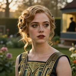Elle Fanning, head and shoulders masterpiece, in Dishonored, golden hour, in a garden, artstation, in the style of Art Deco and Edward Hopper and Bosch, extremely detailed