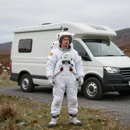 tourist astronaut standing in the Isle of Harris, Scotland, a campervan in the background, 35 mm lens, photorealistic