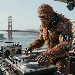 a photograph portrait of an anthropomorphic cyberpunk bigfoot dj at the turntables spinning records, over the shoulder shot with san francisco in background, detailed render, tape deck, boombox, headphones, epic composition, cybernetics, 4 k realistic, cryengine, realistic shaded lighting, sharp focus, masterpiece, by matteo scalera