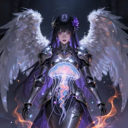 angel knight gothic girl. intricate, centered, amazing composition by amano yoshitaka, by rembrandt, illustrious makinami, digital art, digital painting, artstation trending, unreal engine, fractal flame, transparent jellyfish, transparent feathers, bio luminescent, amethyst