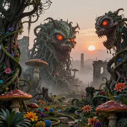 An incredibly beautiful but ominous matte painting depicting a profusion of evil carnivorous vines and colorful flowers and lush exotic trees and bloated toadstools, with horrifying huge burning eyes and jagged bloody teeth, overgrowing a desolate ruins submerged in fog beneath the setting sun, nvidia, vray, evening, epic scale,  octanerender