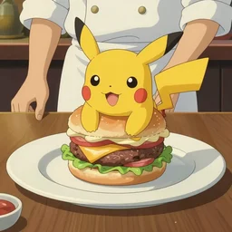 a shot of a beautiful delicious plate of food, a hand crafted chef artisan pikachu hamburger, amazing food illustration, chef table, in style of studio ghibli, miyazaki, anime