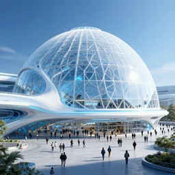 futuristic charleroi, belgium with huge white glass metallic dome train station, crowded square, exterior, blue light, volumetric light, hyperdetailed, artstation, cgsociety, 8 k