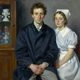 “painting of Doctor Filth, and his nurse, some local loser, in charge of the cyanide home, by Paula Rego, by Neo Rauch”