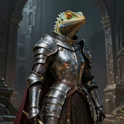 A fantasy comic book style portrait painting of an antropomorphic female lizard, dressed as Joan of Arch. Atmospheric dark fortress, unreal 5, DAZ, hyperrealistic, octane render, RPG portrait, ambient light, dynamic lighting. Joan of Arch armor