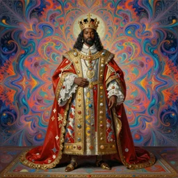 beautiful oil painting, full length portrait of zulu dauphinois in baroque coronation robes 1701, Dan Mumford, Dan Mumford, Alex grey, hyacinthe rigaurd, highly detailed , lsd visuals, dmt fractal patterns, visionary art, psychedelic art, ornate, vaporwave, baroque, Greg rutkowski