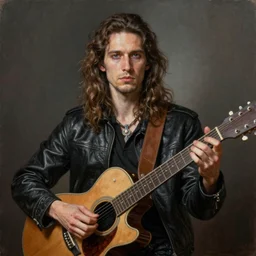 Caricature portraits done of mystical guitar man, realistic, hyperrealistic, very realistic, highly detailed, very detailed, extremely detailed, detailed, oil painting, digital art, trending on artstation