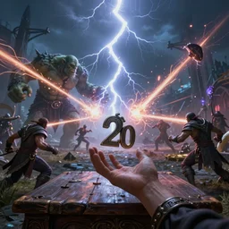 an epic battle in dream scape, as a hand tosses a d 2 0 onto a the table. in the dreamscape shows fighting, lightning hitting an orc, magic shooting forth from different directions, 8 k