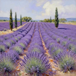 oil painting of lavander fields in the south of france surrounded by cypress trees, various styles.