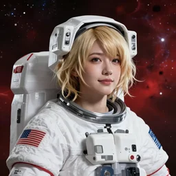 highly detailed portrait of a hopeful pretty astronaut lady with a wavy blonde hair, by Cliff Chiang, 4k resolution, nier:automata inspired, bravely default inspired, vibrant but dreary but upflifting red, black and white color scheme!!! ((Space nebula background))