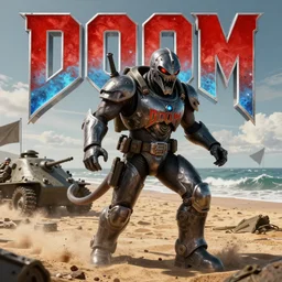 Classic DOOM Cyberdemon on Omaha beach, WW2, hyperdetailed, 8k