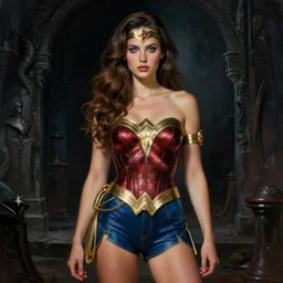 portrait of a beautiful gorgeous captivating latvian belarusian finnish norwegian swedish glamour model wonderwoman in dark dungeon, jodhpurs greg manchess painting by sargent and leyendecker, studio ghibli, medium shot asymmetrical intricate elegant illustration hearthstone, by greg rutkowski by greg tocchini by craig mullins