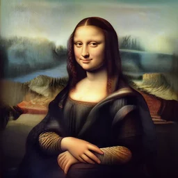 a portrait of a woman painted in italian renaissance chiaroscuro style. the woman in the painting is shown seated with her hands folded in her lap. she is wearing a simple dress with a pattern of flowers. brunette. her black slightly curly long hair is pulled back from her face and she has a small, faint smile. the background of the painting is a landscape of rolling hills and mountains. the sky is a light blue, and there are small clouds in the distance.