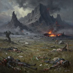 landscape painting of destroyed meadows with destroyed mountainrange from hell in background, cyber world war 3 with agony, nuclear bomb crater, detonation. ai enemy, cyber war battlefield, dystopian wasteland, dead bodys, destroyed nature, apocalyps, winter, fine details, magali villeneuve, artgerm, rutkowski