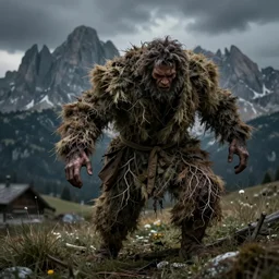 alpine farmer transforming into a monster ,roots and hay coat, dolomites in background, dark, eerie, despair, portrait photography, artstation, digital art, concept art, artstation, highly detailed, sharp focus, by caravaggio