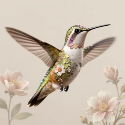 hummingbird, body and wings covered with fine floral ornaments, eye - level medium angle shot, intricate, floral background, by esao andrews, by m. w. kaluta, by yoshita amano, natural lighting, smooth, 3 d octane render, depth perception, 4 k,, artstation